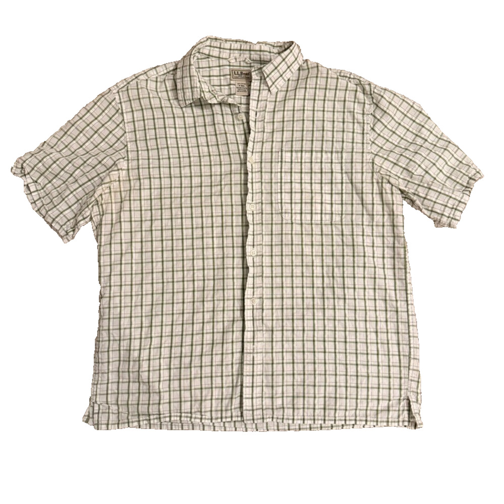 L.L.Bean Men’s M White Green Plaid Button Down Short Sleeve 100% Cotton Shirt